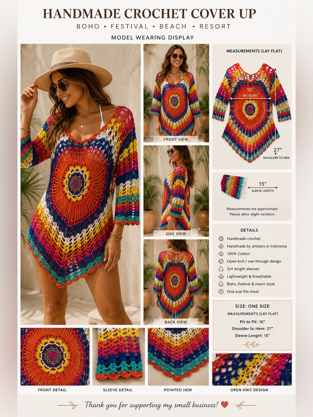 Handmade Multicolor Crochet Boho Festival Beach Cover Up Tunic Women's One Size